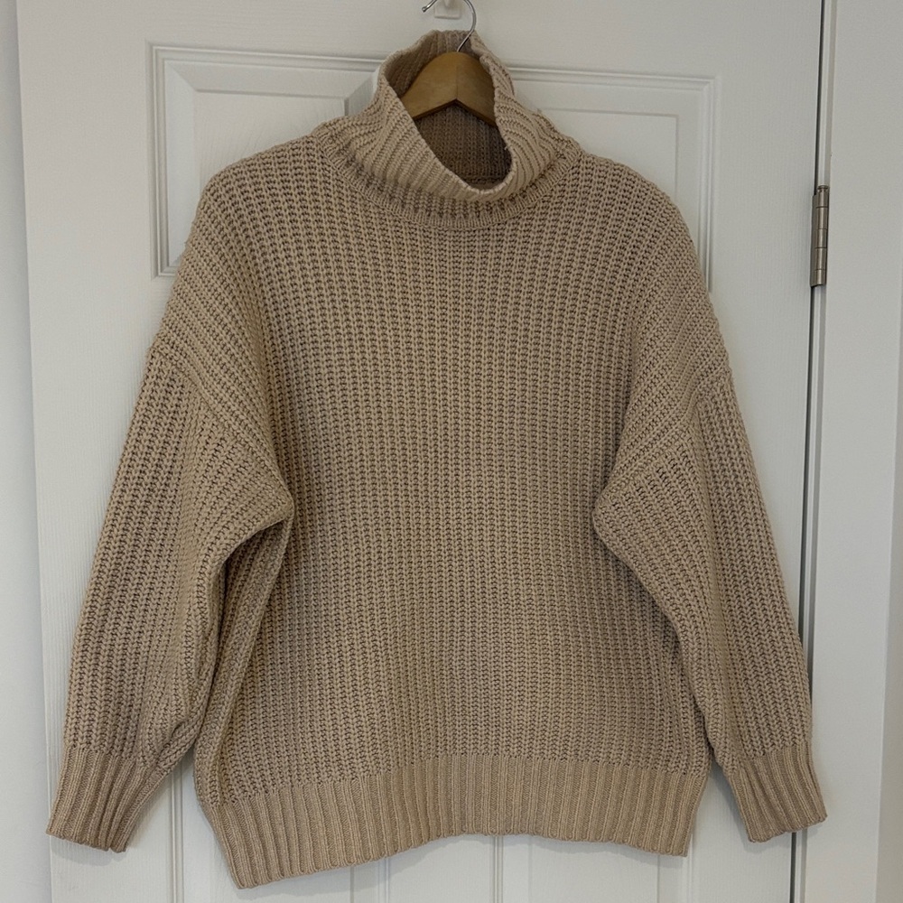 OAK + FORT ribbed knit sweater mock neck oversized small medium tan beige - Picture 3 of 12